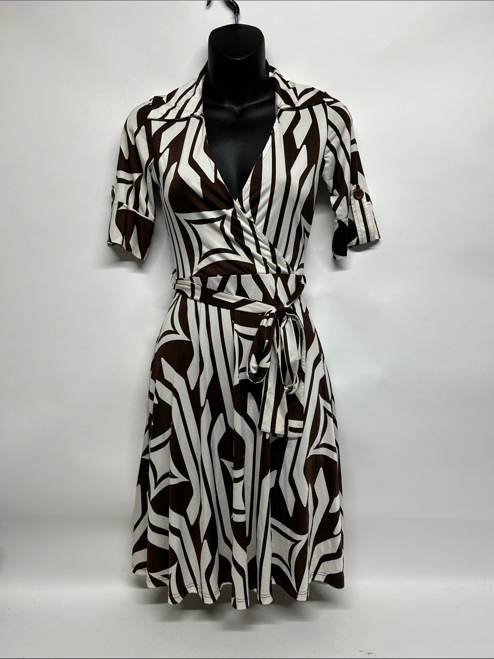 Belted Brown & White Wrap Dress small y2k vibes - Picture 1 of 7